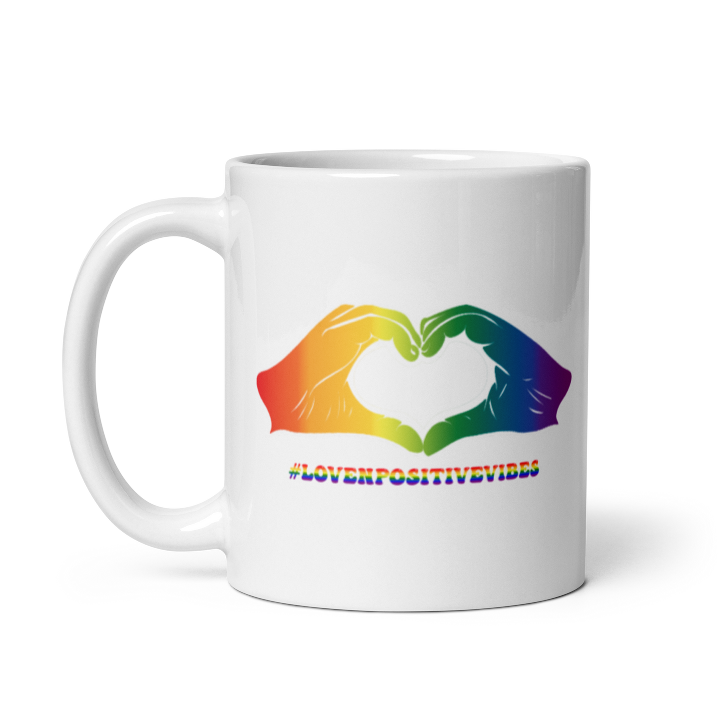 #Lovenpositivevibes White Glossy Mug Rainbow Logo
