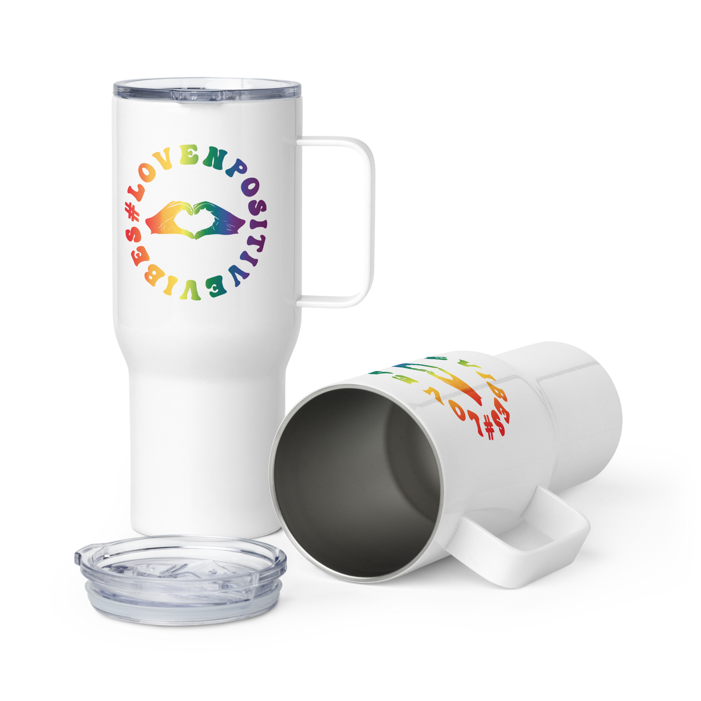 'Lovenpositivevibes' Travel Mug With Handle (Rainbow Graphic)