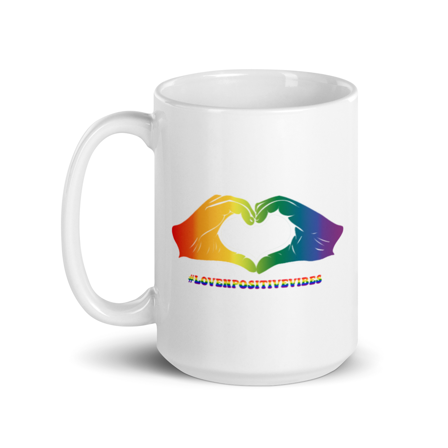 #Lovenpositivevibes White Glossy Mug Rainbow Logo